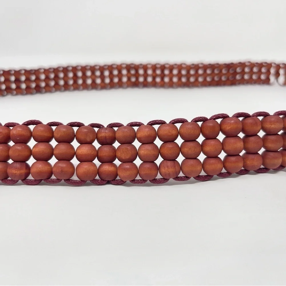 Vintage Boho, Western Wine Colored Wooden‎ Beads Belt w/ Fringe